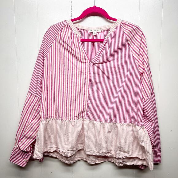 Free Assembly Striped Long Sleeve Ruffle Hem Womens Cotton Top Size XL Pullover - Picture 1 of 12